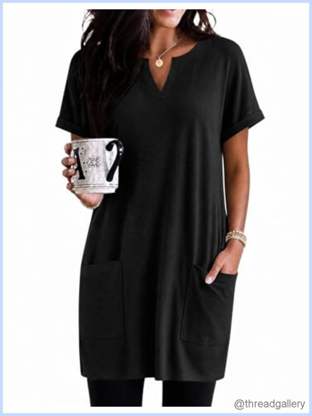 Womens Tunic Top Short Sleeve V Neck with Pockets